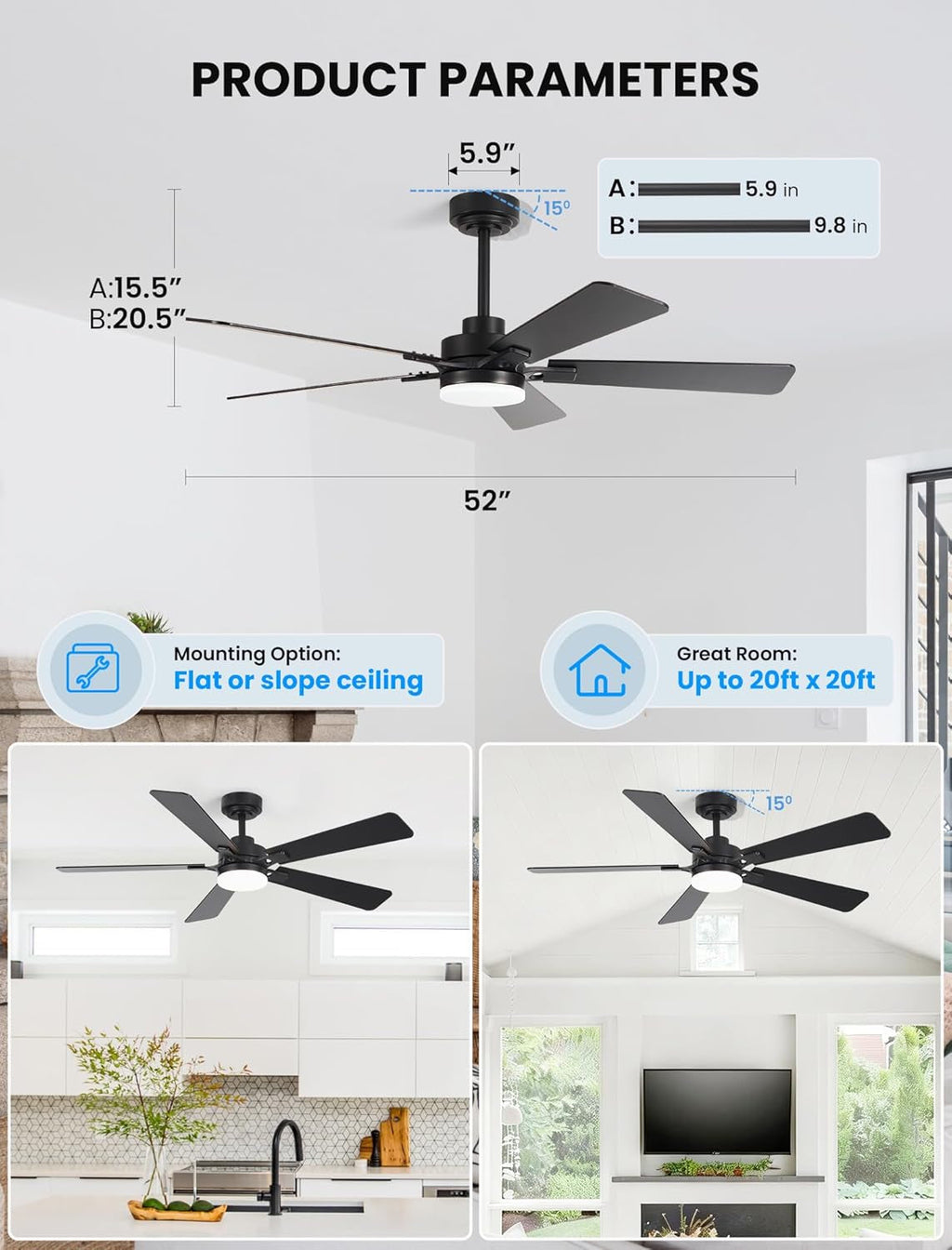 52Inch Matte Black Ceiling Fan Remote Dimmable LED Lights-2