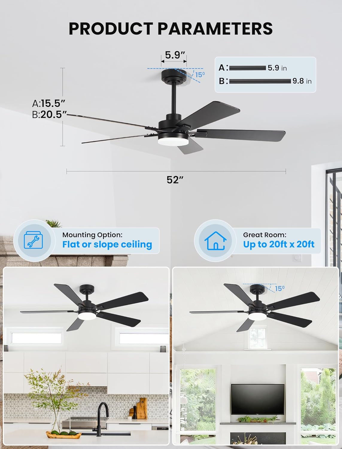 52Inch Matte Black Ceiling Fan Remote Dimmable LED Lights-2