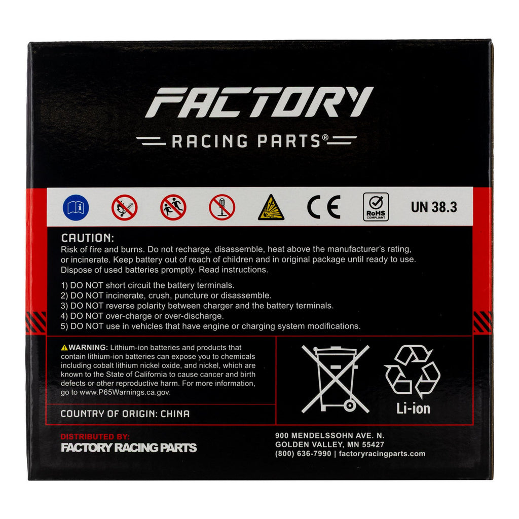 Factory Racing Parts Lithium Battery – 12V 280CCA 4Ah – YTX14, YTX14AH, YTX14H, YTZ10S, YTZ14S – Fits Most Motorcycles Scooters ATVs Snowmobiles UTVs