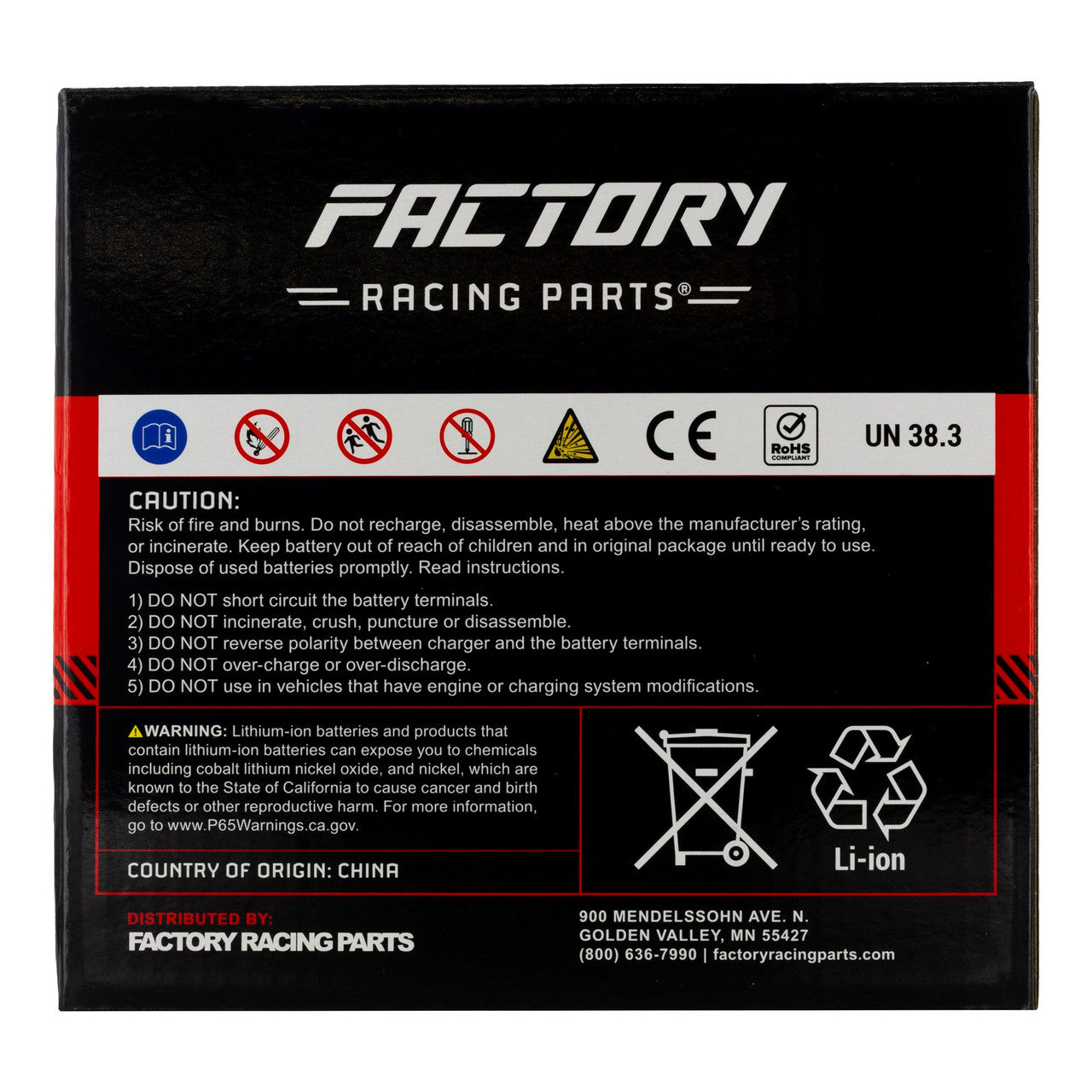 Factory Racing Parts Lithium Battery – 12V 280CCA 4Ah – YTX14, YTX14AH, YTX14H, YTZ10S, YTZ14S – Fits Most Motorcycles Scooters ATVs Snowmobiles UTVs