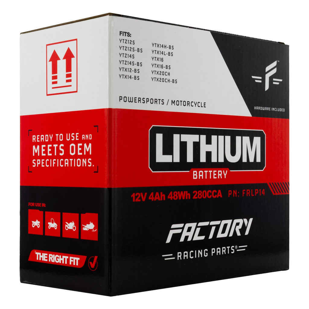 Factory Racing Parts Lithium Battery – 12V 280CCA 4Ah – YTX14, YTX14AH, YTX14H, YTZ10S, YTZ14S – Fits Most Motorcycles Scooters ATVs Snowmobiles UTVs