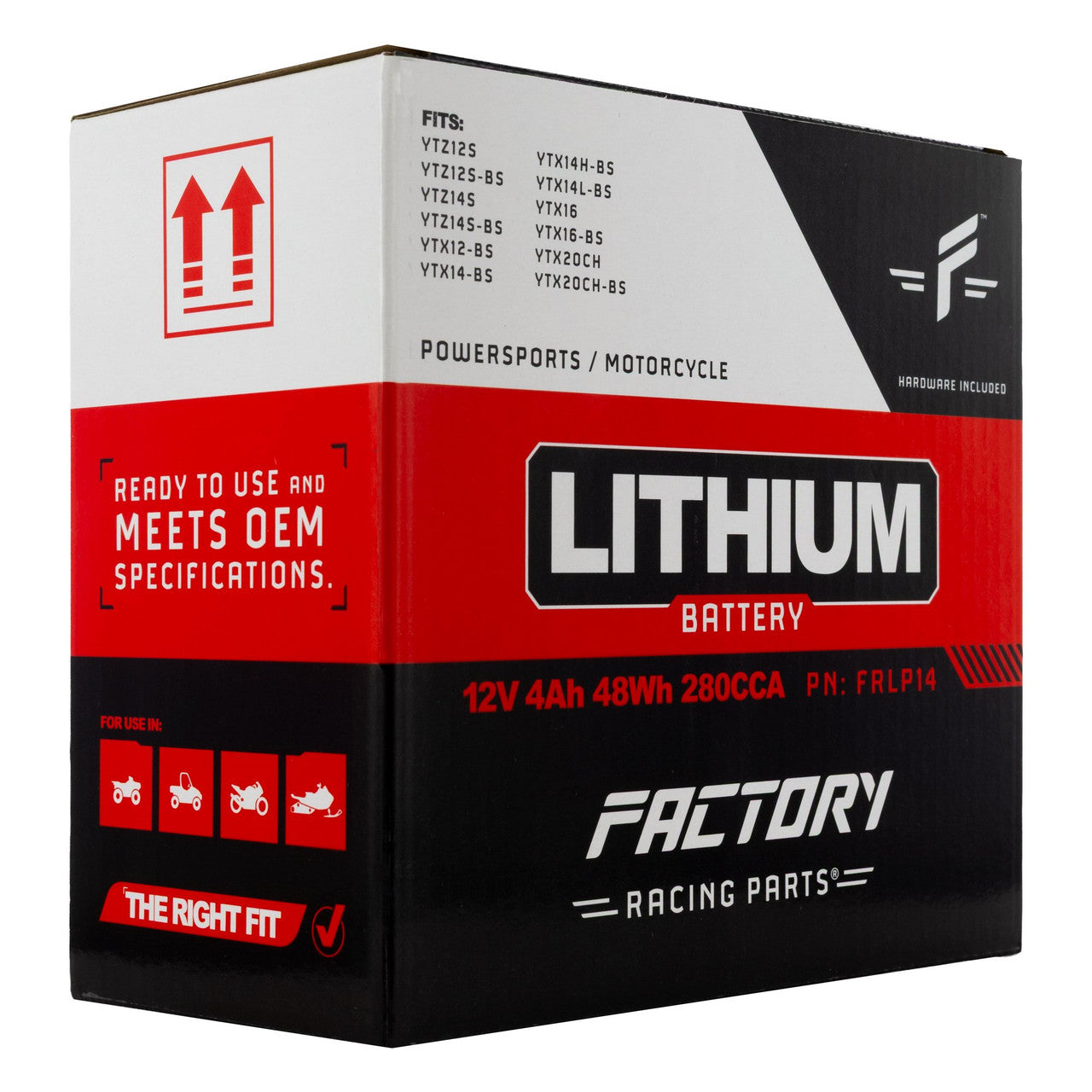 Factory Racing Parts Lithium Battery – 12V 280CCA 4Ah – YTX14, YTX14AH, YTX14H, YTZ10S, YTZ14S – Fits Most Motorcycles Scooters ATVs Snowmobiles UTVs