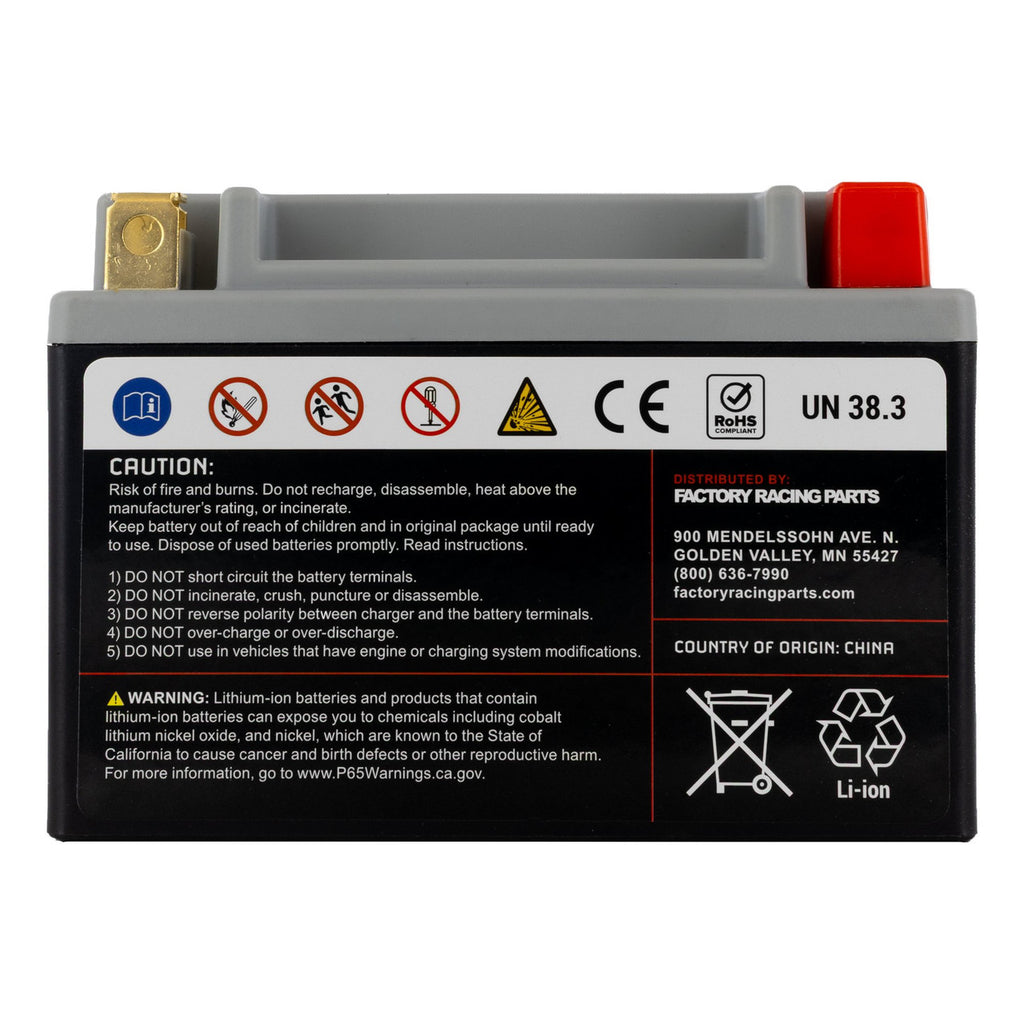 Factory Racing Parts Lithium Battery – 12V 280CCA 4Ah – YTX14, YTX14AH, YTX14H, YTZ10S, YTZ14S – Fits Most Motorcycles Scooters ATVs Snowmobiles UTVs