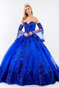 Sequin Embellished Glitter Mesh Quinceanera Dress w/ Detached Mesh Sleeve-5