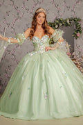 3-D Flower Ruched Bodice Mesh Ball Gown w/ Long Puff Sleeves-0