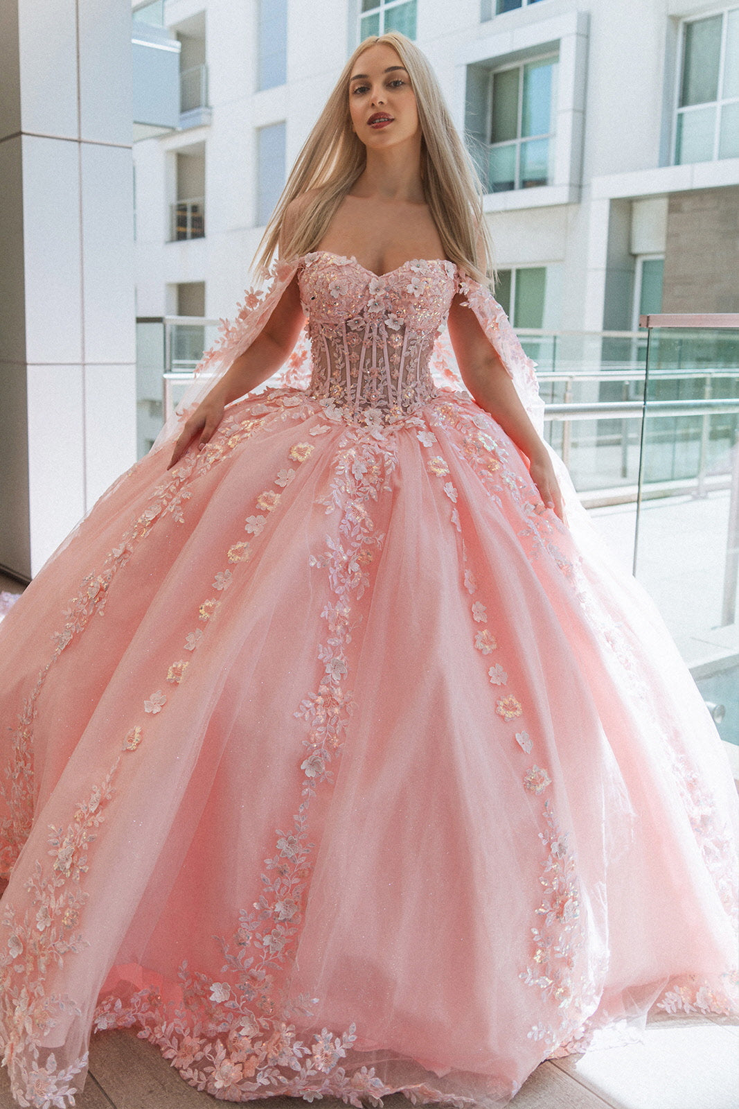 3-D Flower Sheer Bodice Mesh Ball Gown w/ Side Mesh Long Drapes-5