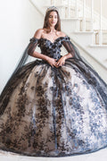 3-D Floral Applique Glitter Pattern Embellished Mesh Quinceanera Gown-4