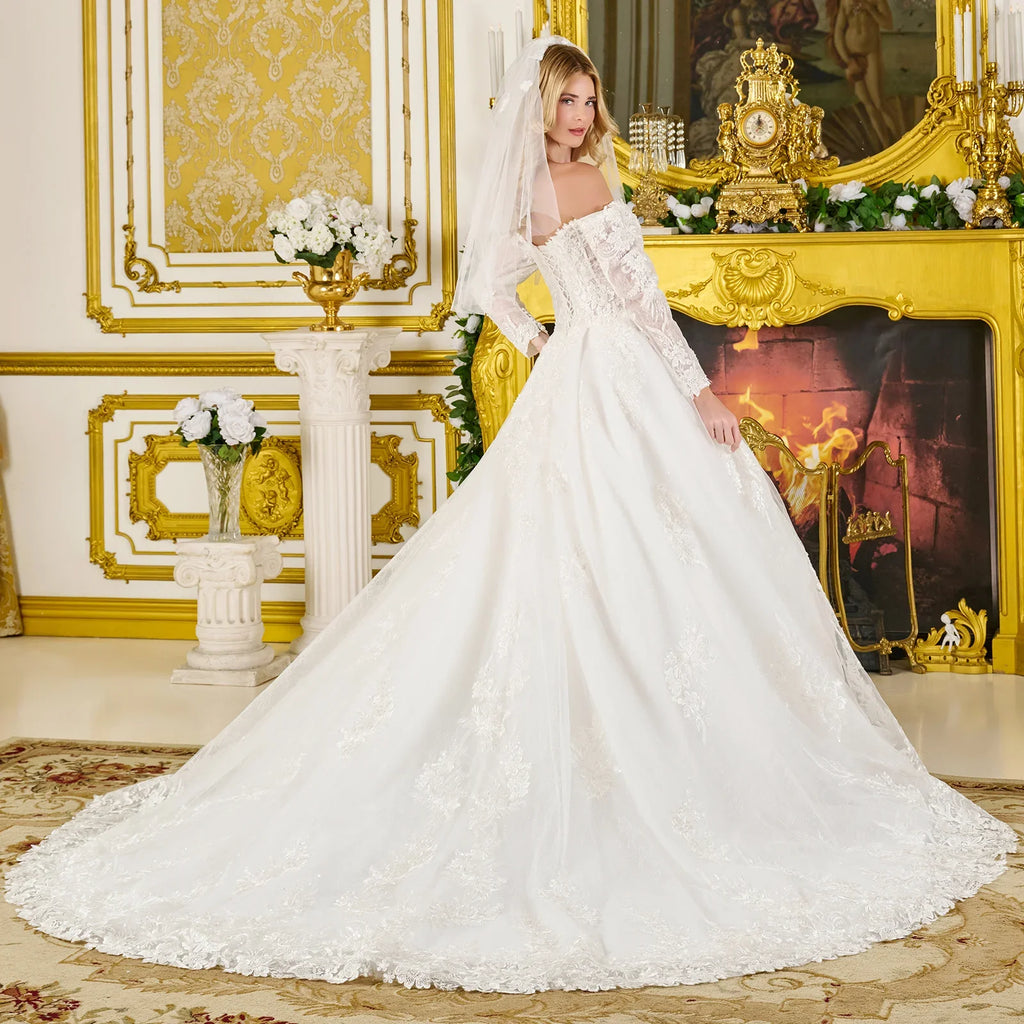 Wedding Ball Gown Off-Shoulder 3/4 Sleeves,A Sweetheart Neckline Corset Bodice-3
