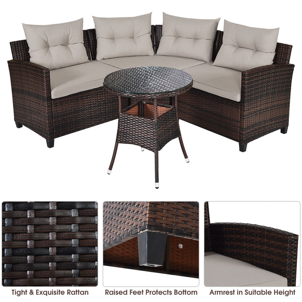 NNECW 4-Piece Patio Wicker Furniture Set with Cushion-Beige-4