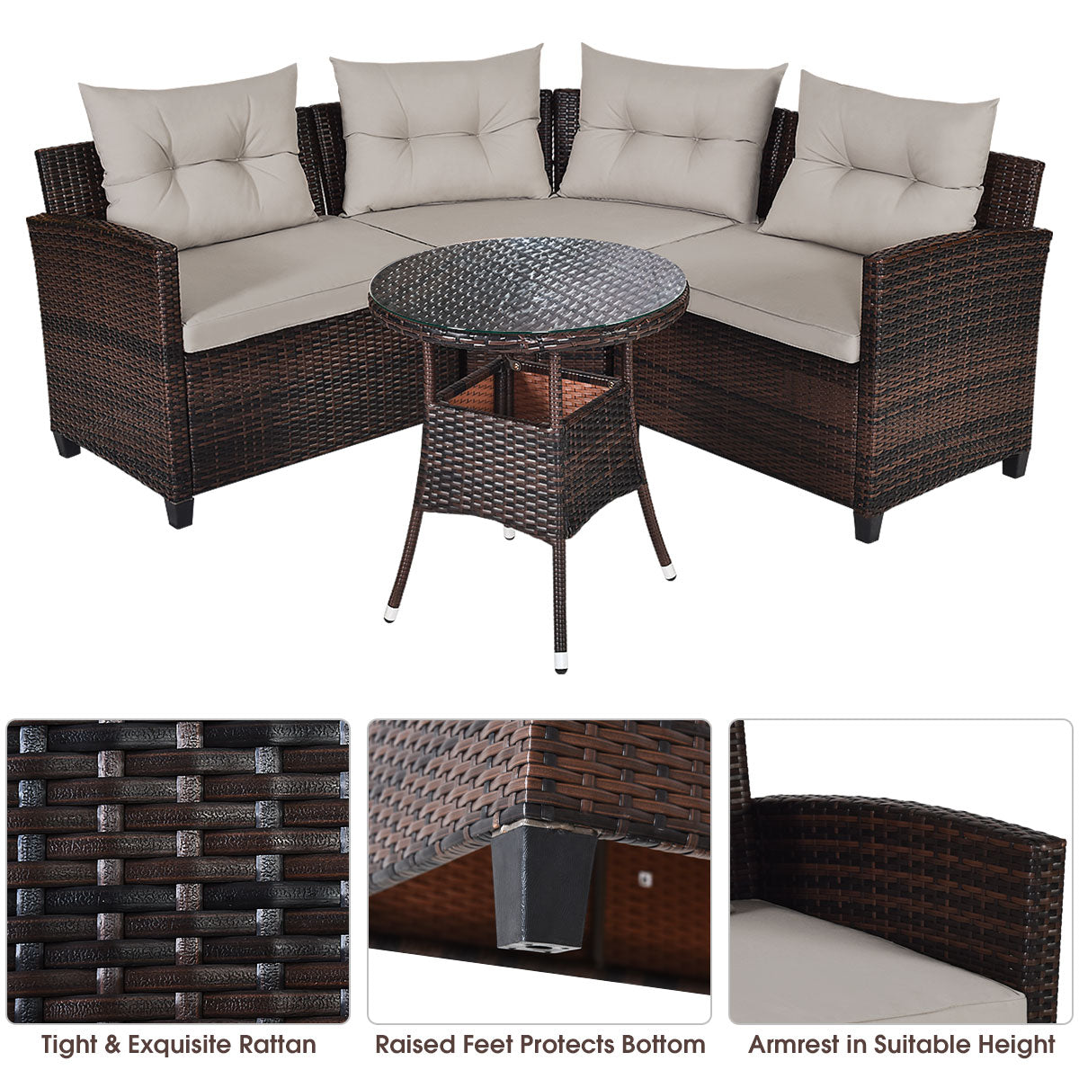 NNECW 4-Piece Patio Wicker Furniture Set with Cushion-Beige-4