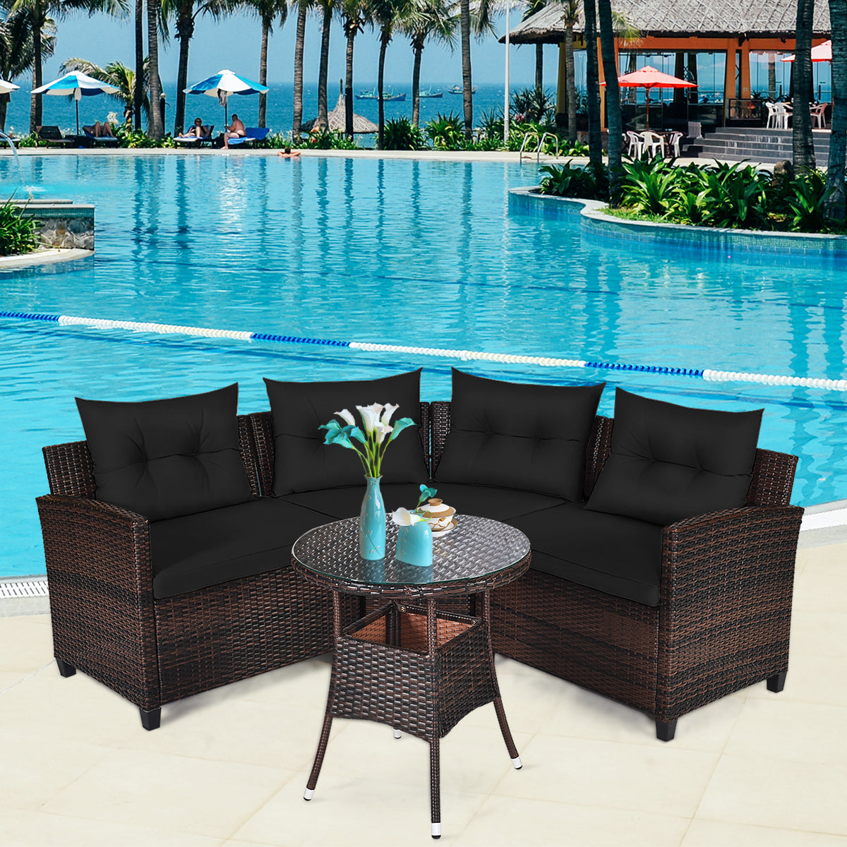 NNECW 4-Piece Patio Wicker Furniture Set with Cushion-Black-0