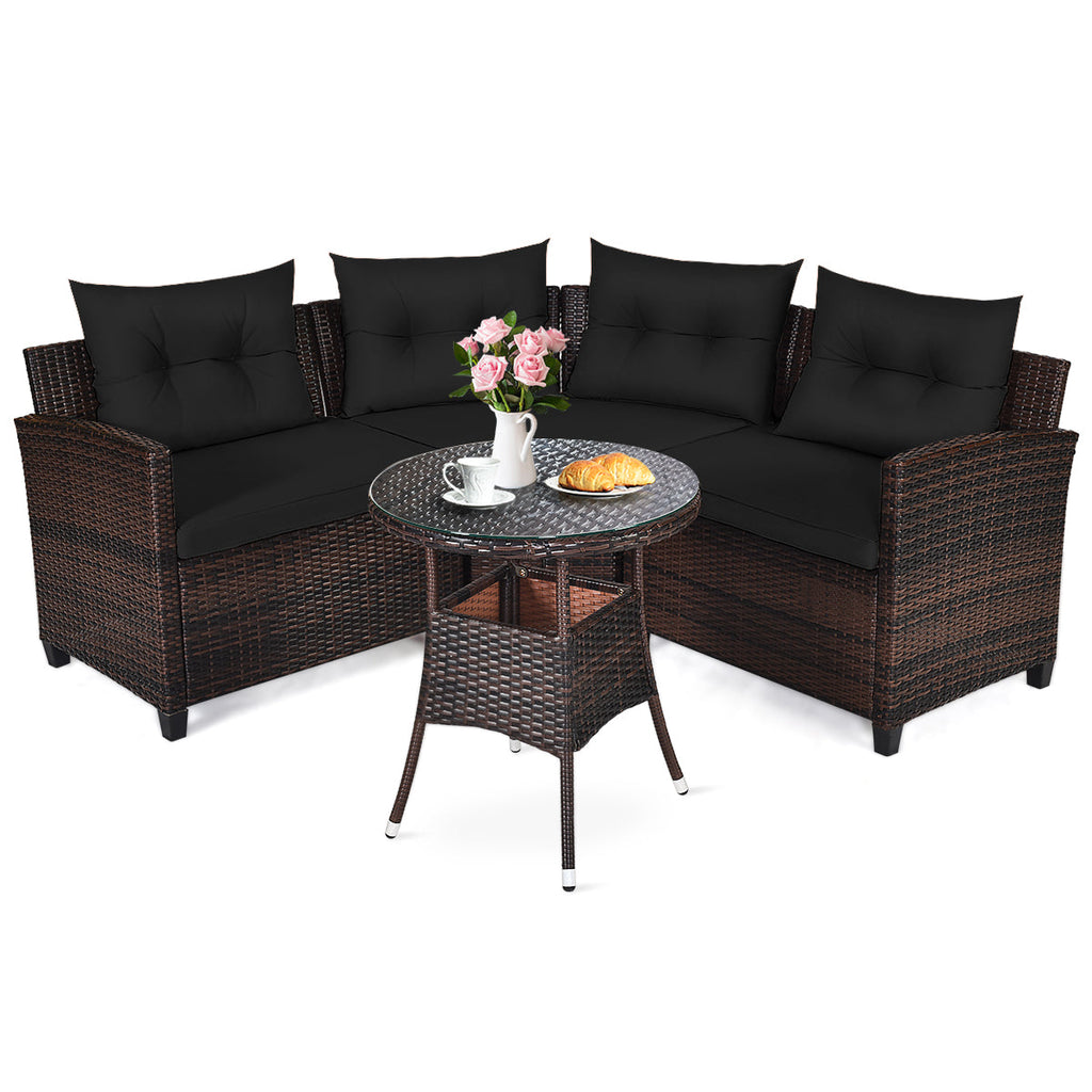 NNECW 4-Piece Patio Wicker Furniture Set with Cushion-Black-1