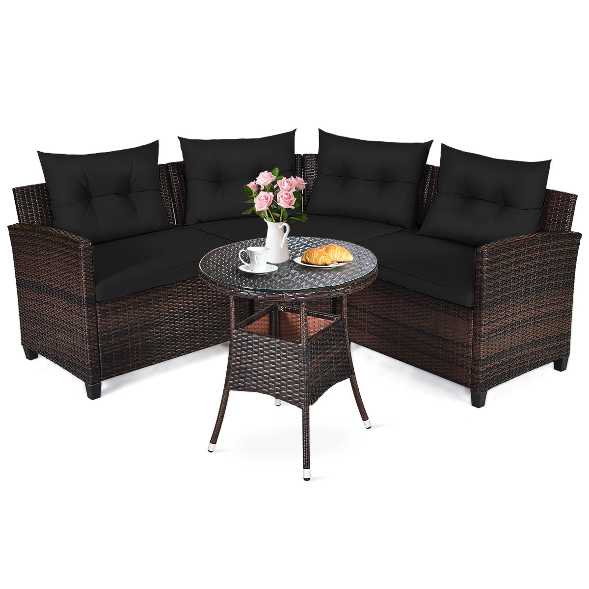 NNECW 4-Piece Patio Wicker Furniture Set with Cushion-Black-1