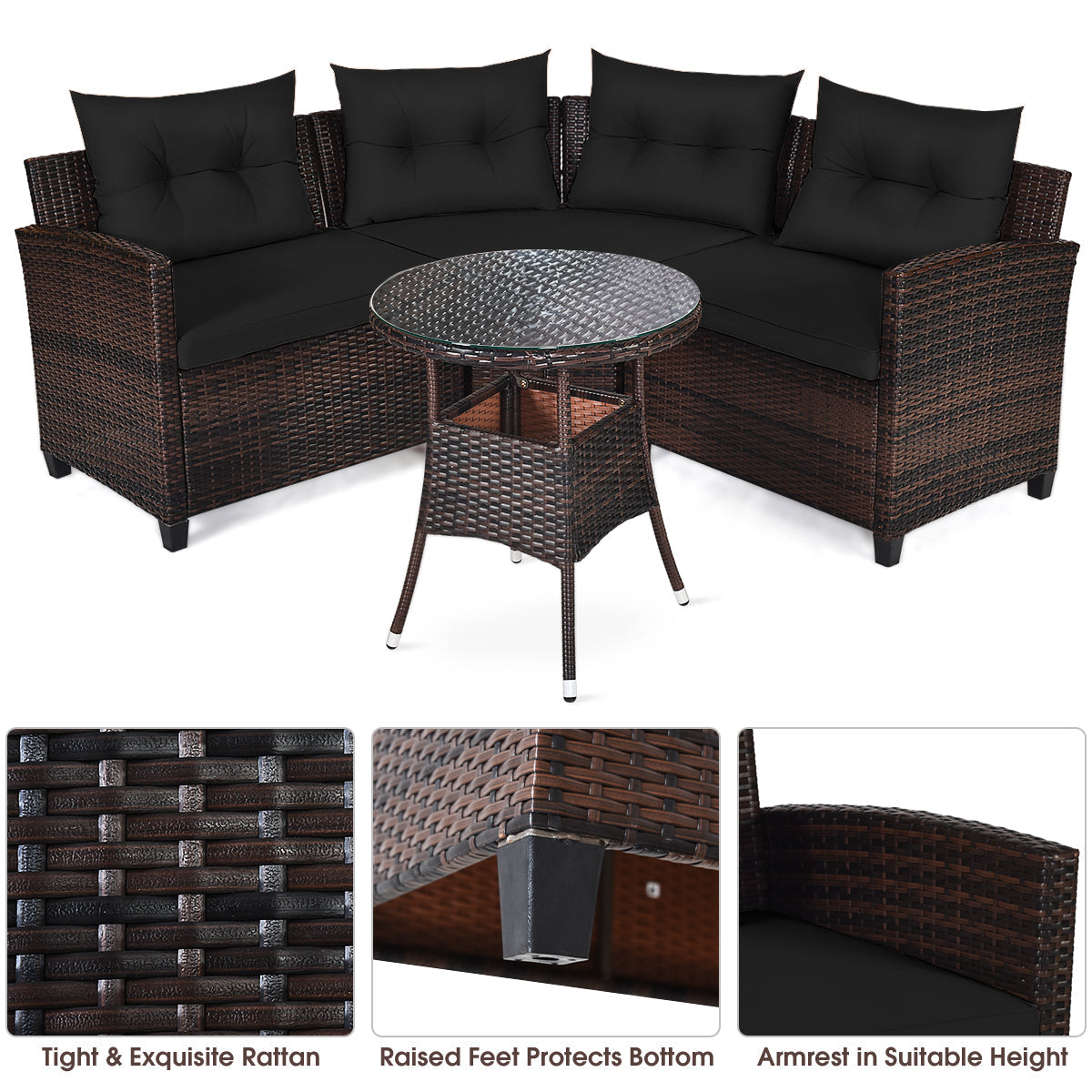 NNECW 4-Piece Patio Wicker Furniture Set with Cushion-Black-4