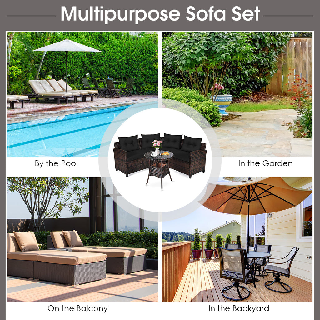 NNECW 4-Piece Patio Wicker Furniture Set with Cushion-Black-2