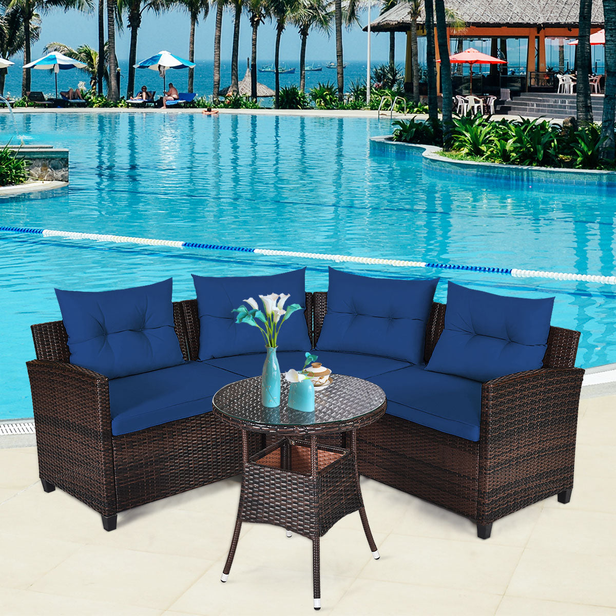 NNECW 4-Piece Patio Wicker Furniture Set with Cushion-Navy-0