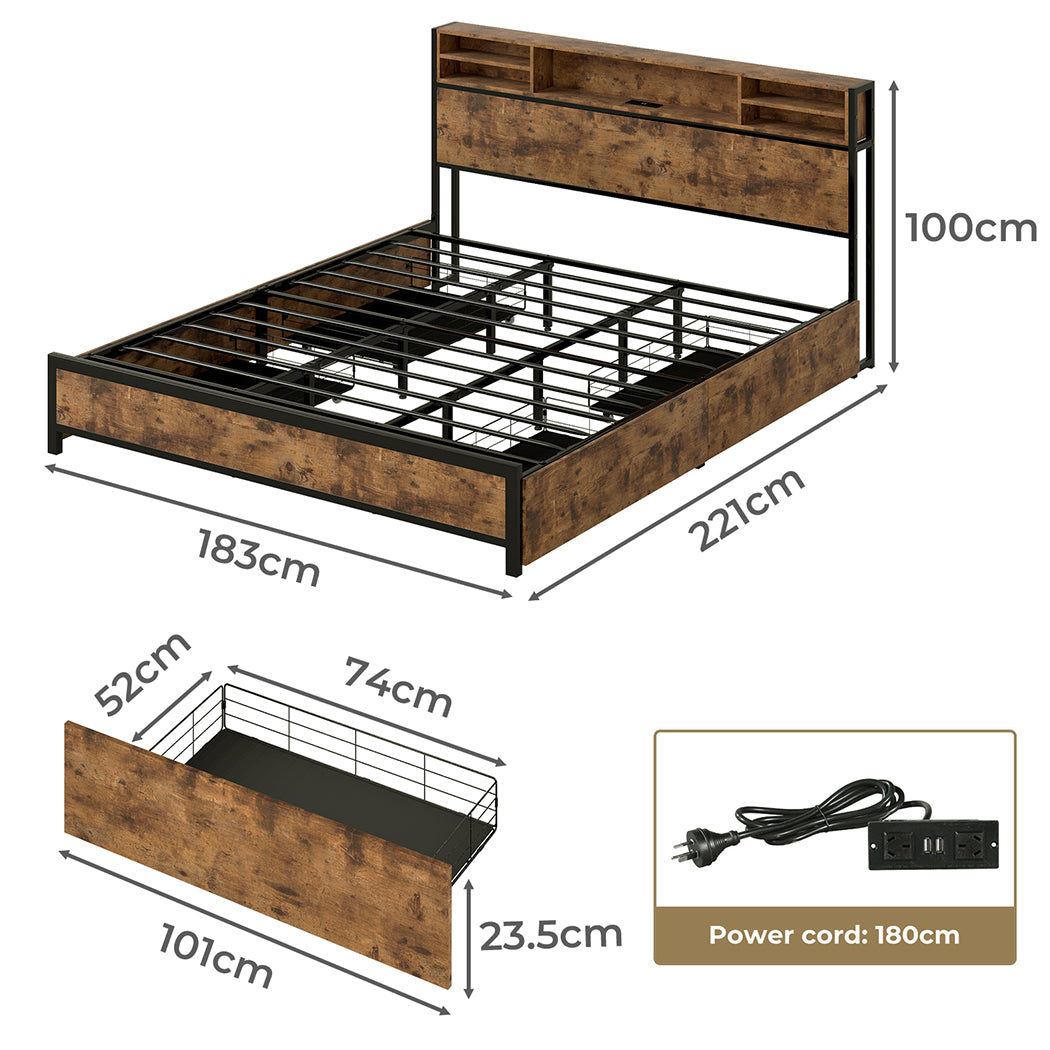 Levede King Bed Frame Industrial Storage LED Charing