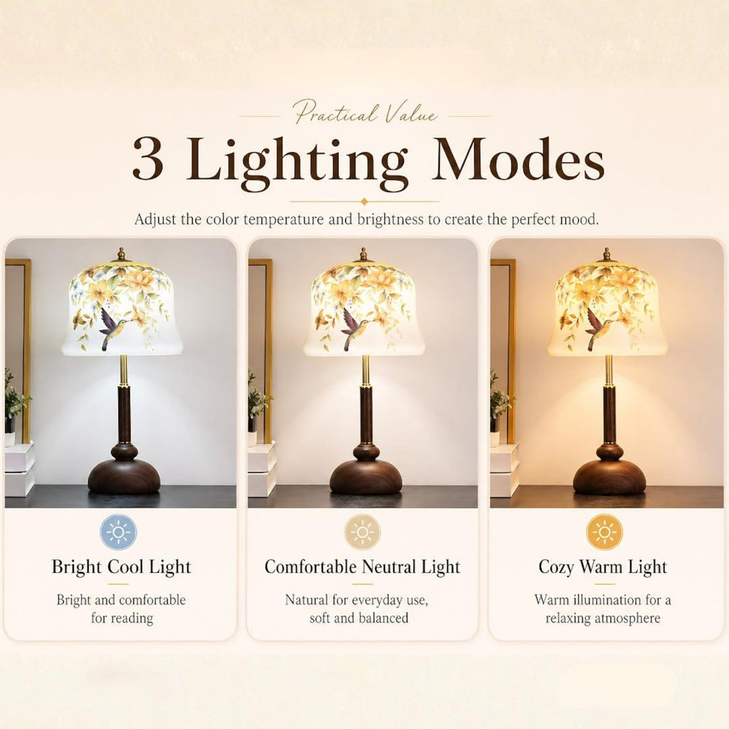 Floral Hummingbird Table Lamp, Vintage Bedside Lamp, 3 Light Modes-4