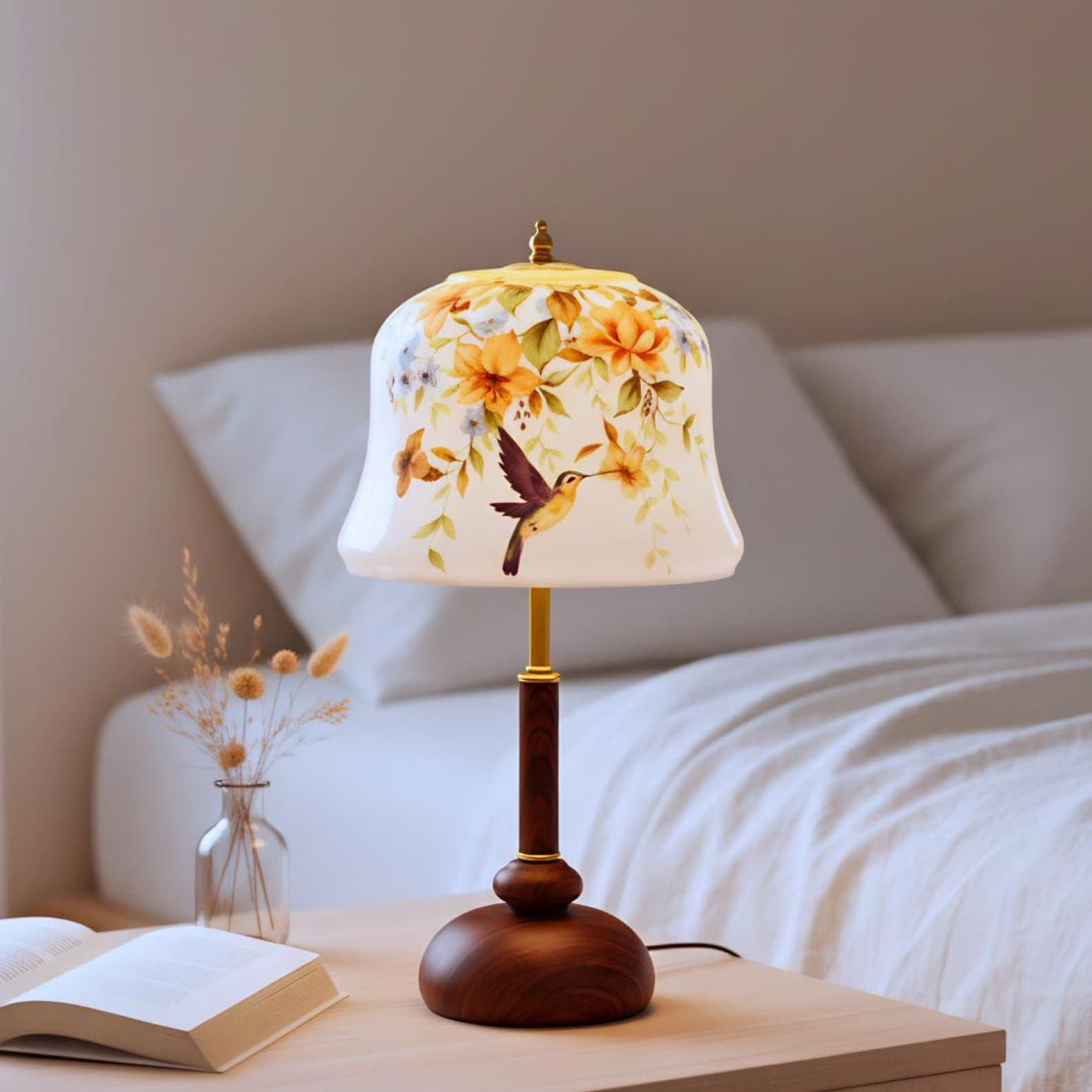 Floral Hummingbird Table Lamp, Vintage Bedside Lamp, 3 Light Modes-1