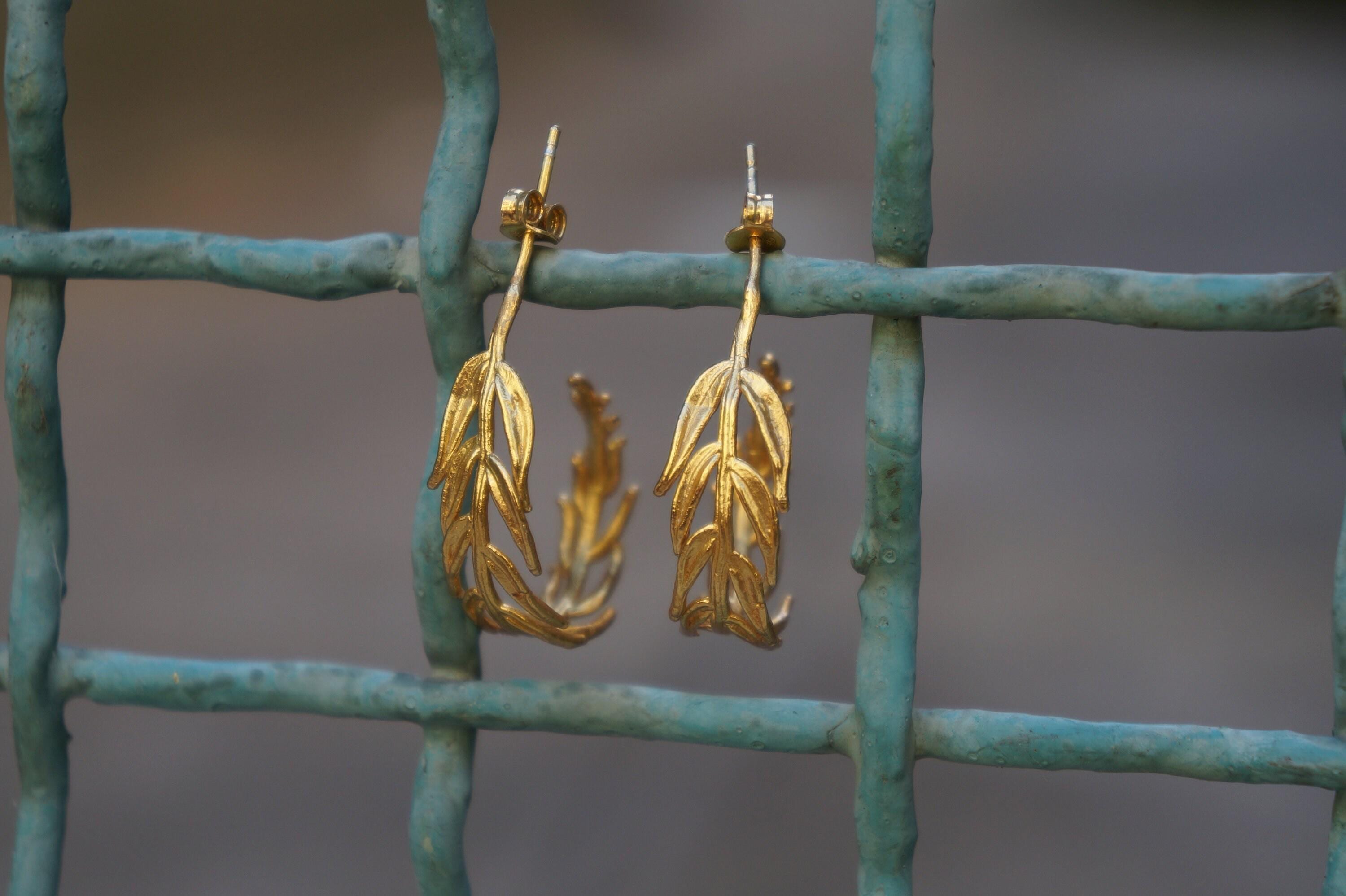 Gold Leaf Earrings, 14K Gold-Plated Brass Jewelry, Hoop Earrings, Handmade Jewelry, Birthday Gift, Gift for Her, Jewelry for Women