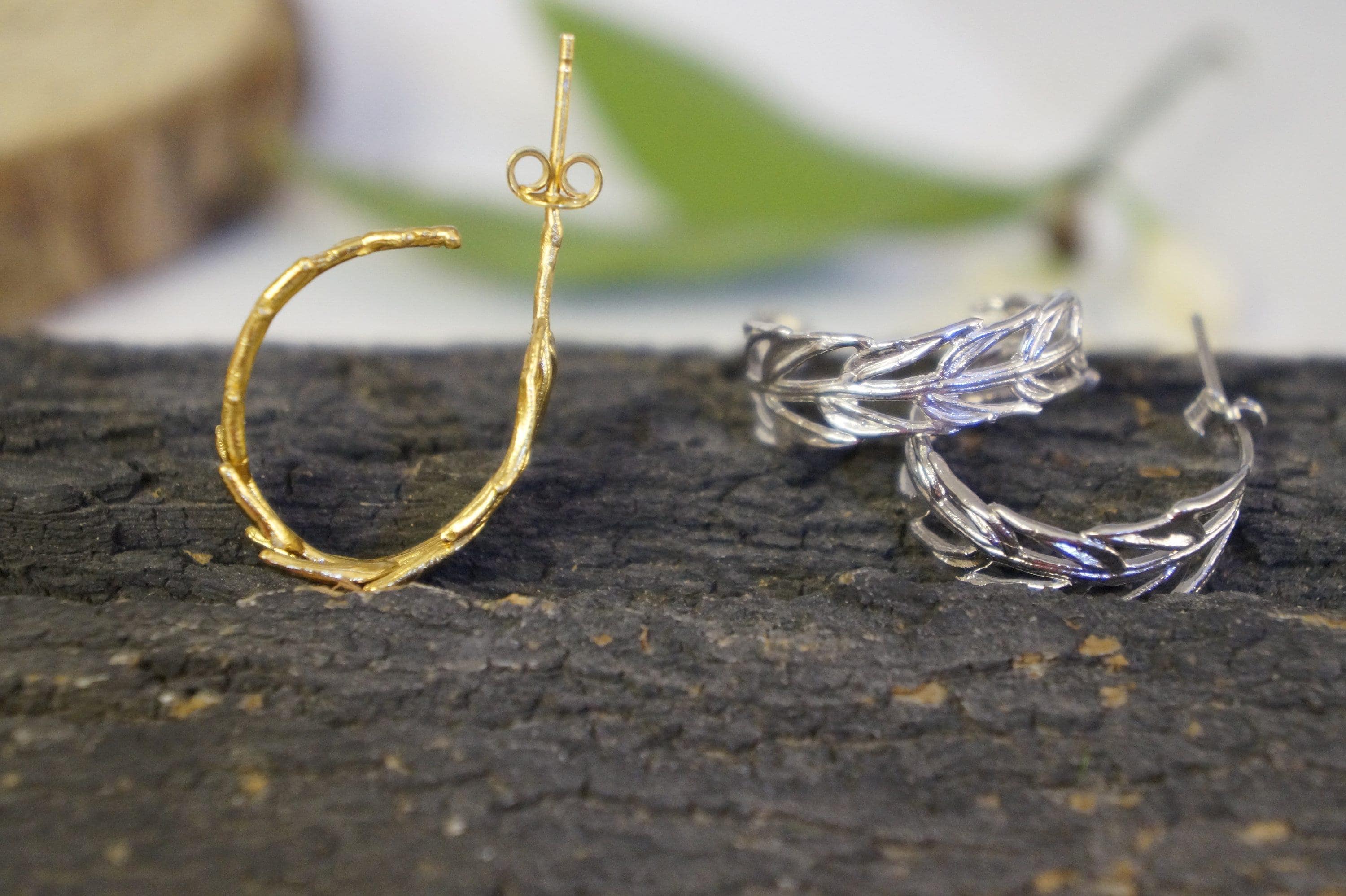 Gold Leaf Earrings, 14K Gold-Plated Brass Jewelry, Hoop Earrings, Handmade Jewelry, Birthday Gift, Gift for Her, Jewelry for Women