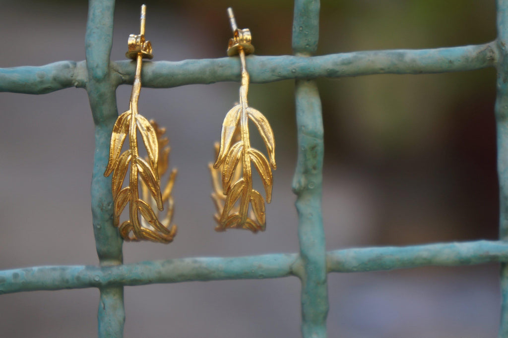 Gold Leaf Earrings, 14K Gold-Plated Brass Jewelry, Hoop Earrings, Handmade Jewelry, Birthday Gift, Gift for Her, Jewelry for Women