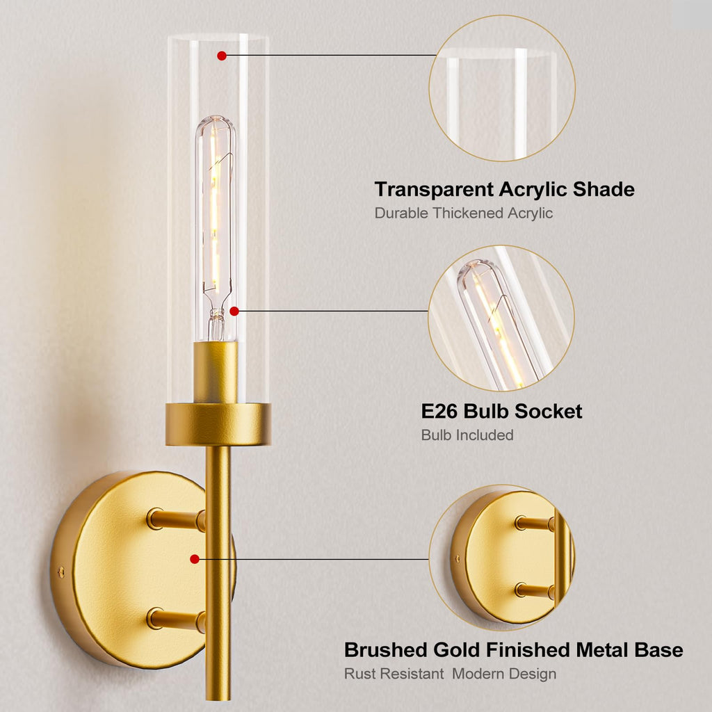 Gold Hardwired Wall Sconces Set of 2, Modern Bathroom Vanity Sconces Wall Lighting-3