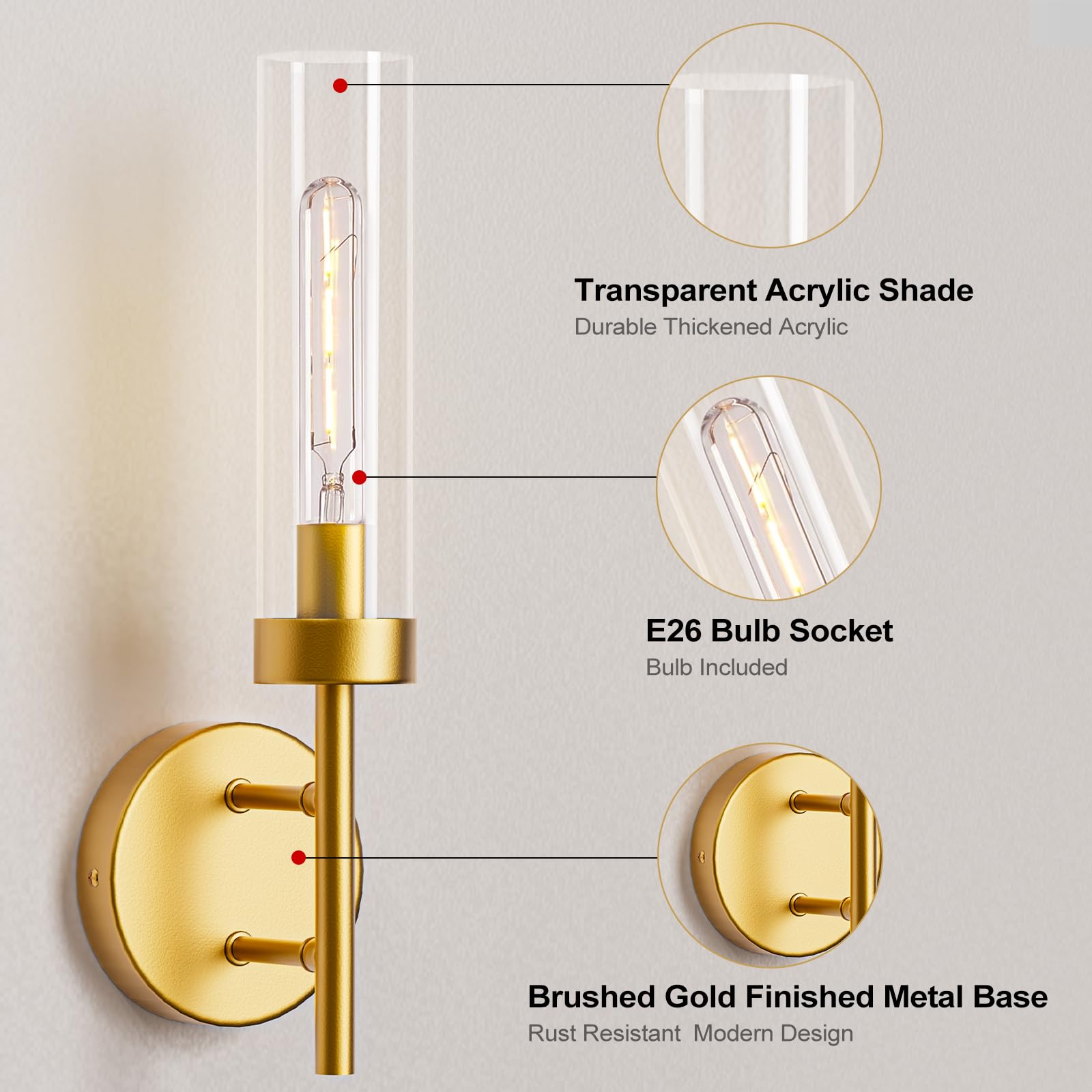 Gold Hardwired Wall Sconces Set of 2, Modern Bathroom Vanity Sconces Wall Lighting-3