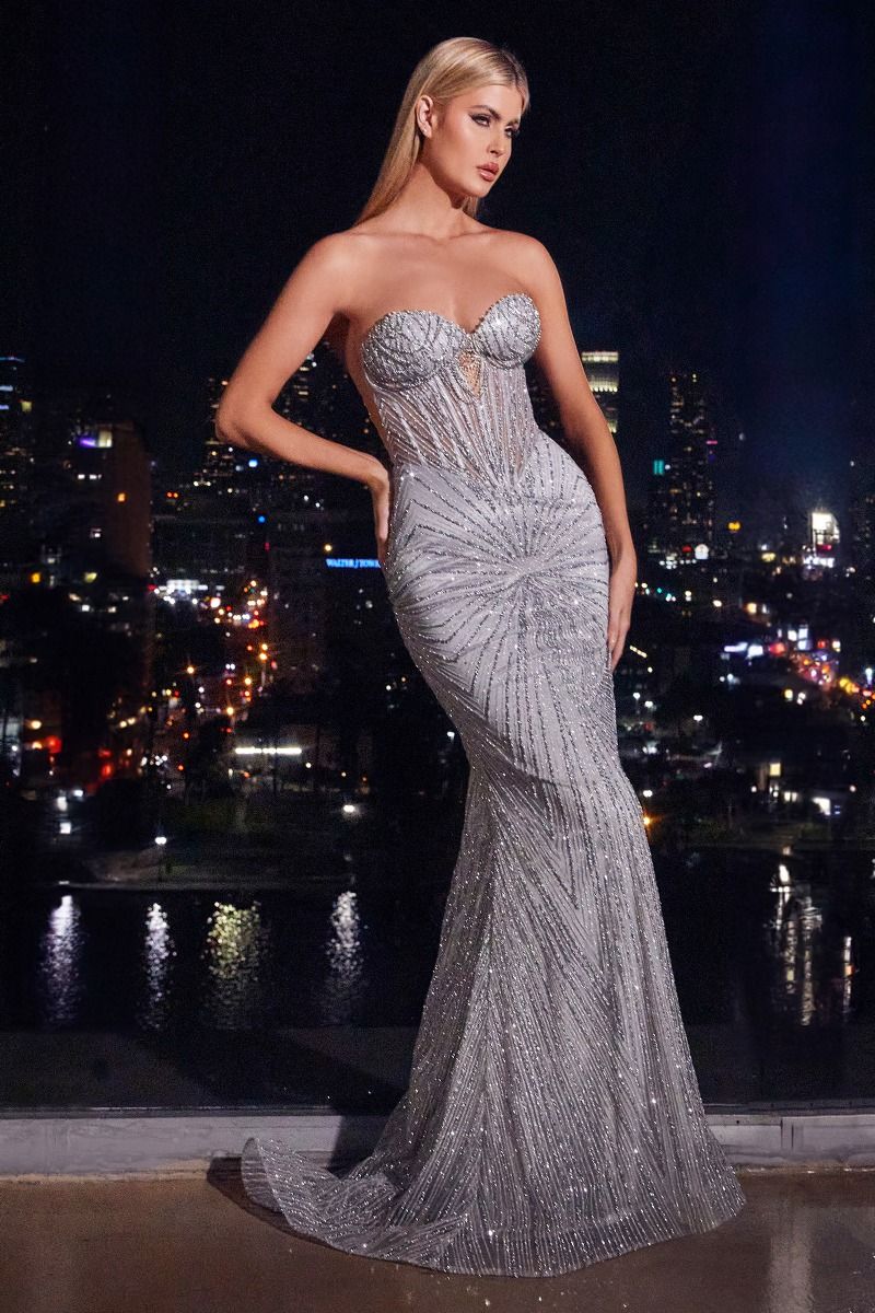 Strapless Silver Embellished Gown-14