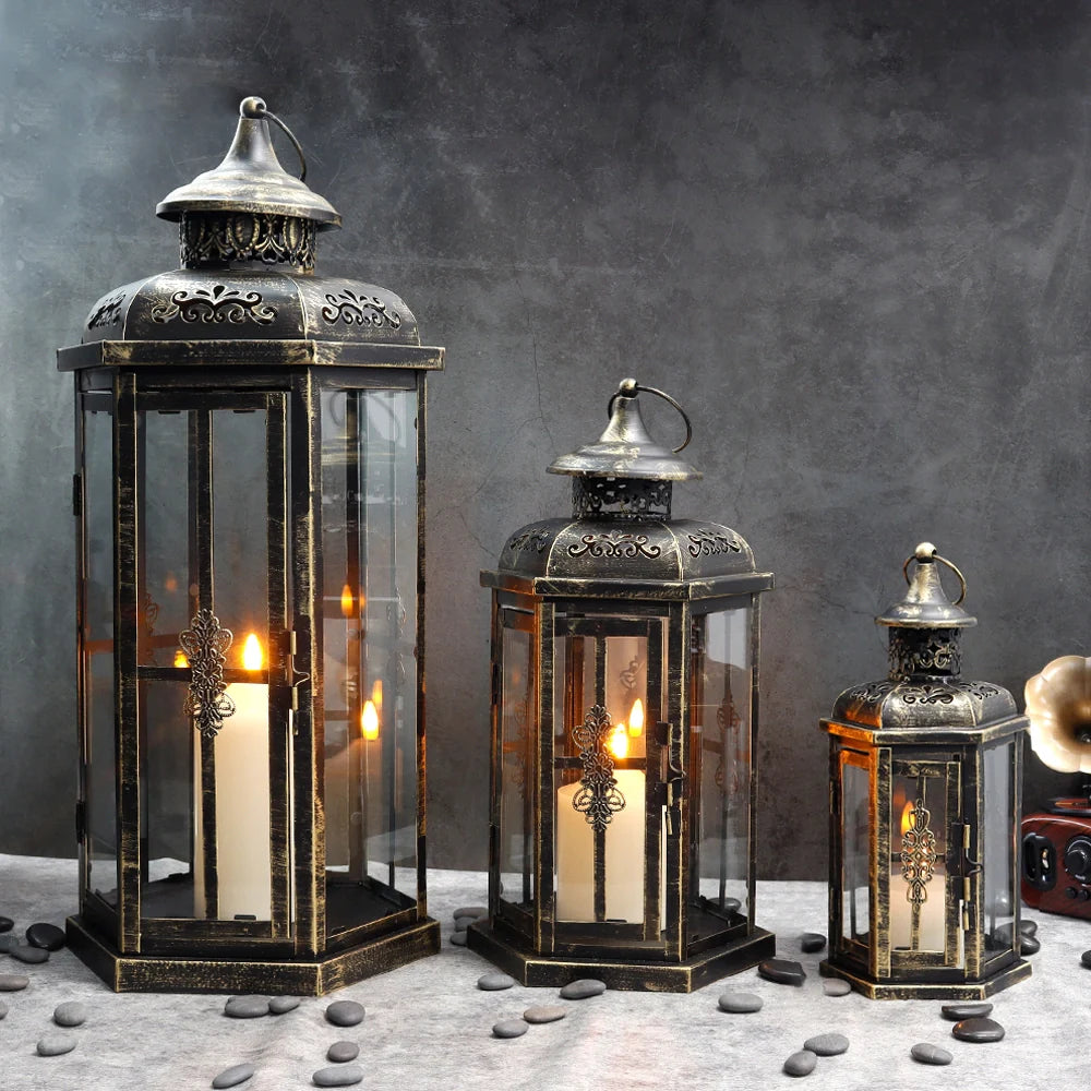 Set of 3-20.5''&14"&10"H Candle Lanterns(Black with Gold Brush)-1