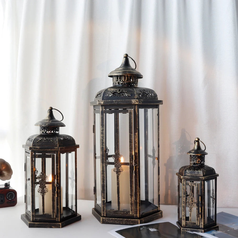 Set of 3-20.5''&14"&10"H Candle Lanterns(Black with Gold Brush)-0