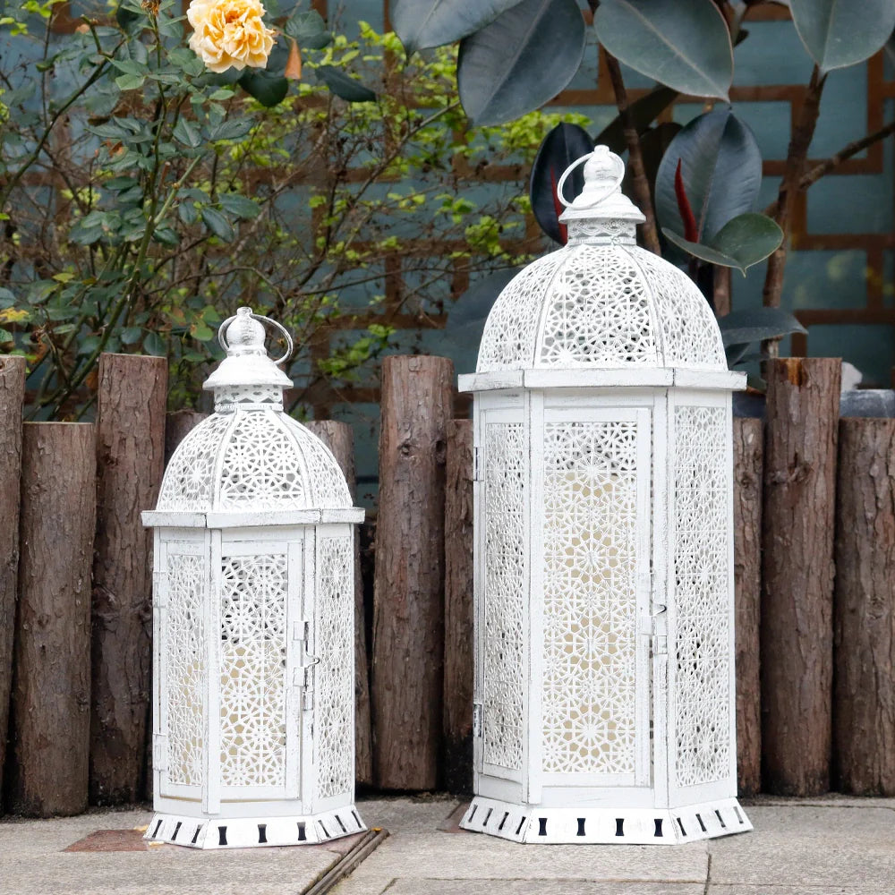 Set of 2-15"&19.5"H White Metal Lanterns-2