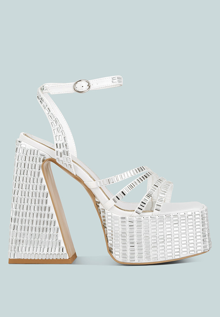 Lustrous Mirror Embellished Flare Block Heel Sandals-0