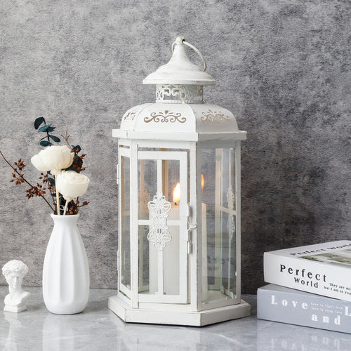 12" H Medium Candle Lantern(White with Gold Brush)-1