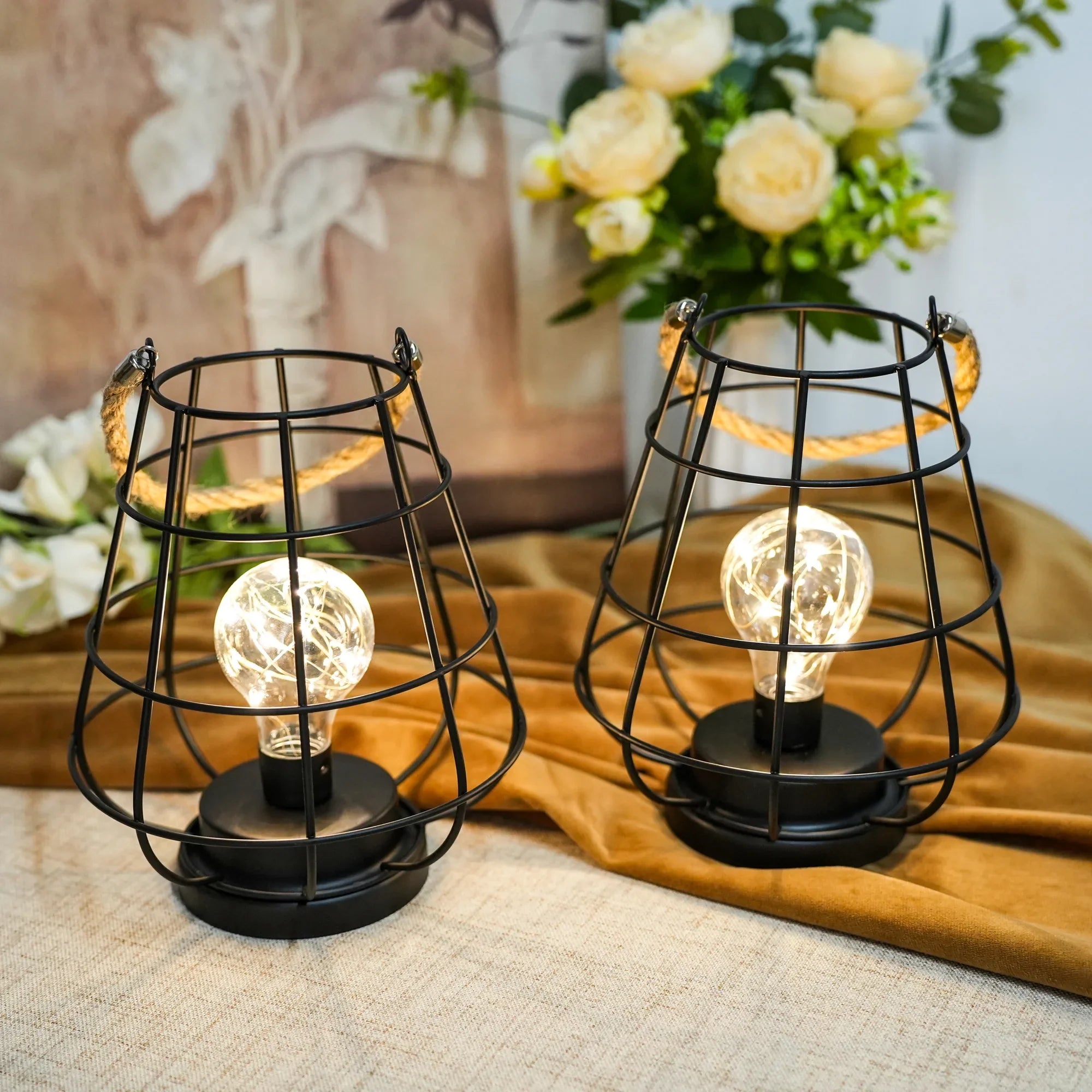 Set of 2 Cage Bulb Lantern Decorative Table Lamps-0
