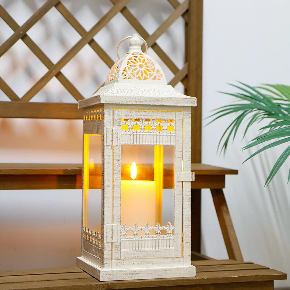 14.5" H Decorative Candle Lanterns（Beige with Gold Brush）-3