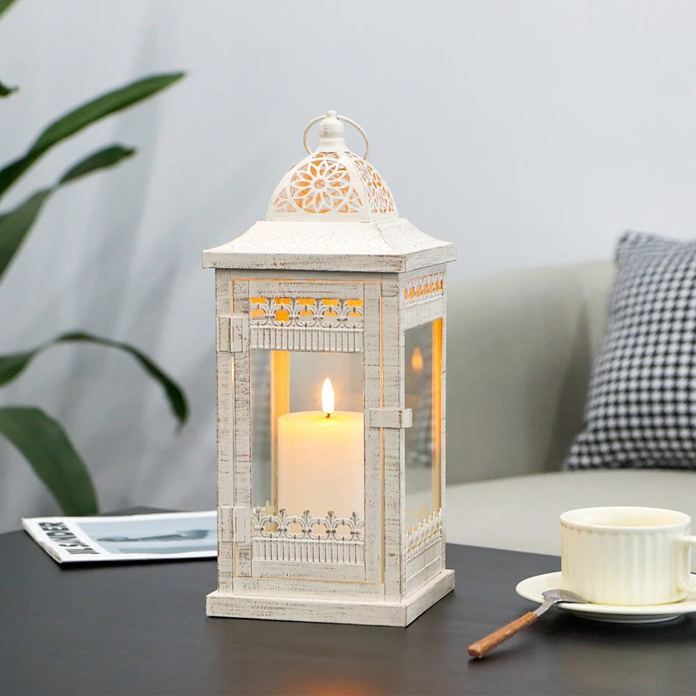 14.5" H Decorative Candle Lanterns（Beige with Gold Brush）-4