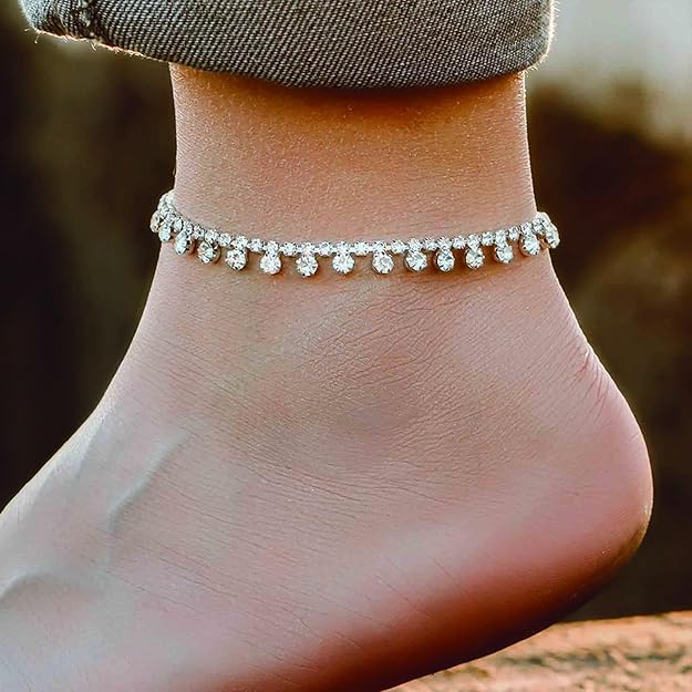 Rhinestone Water Drop Anklet Foot Jewelry for Women Silver-0