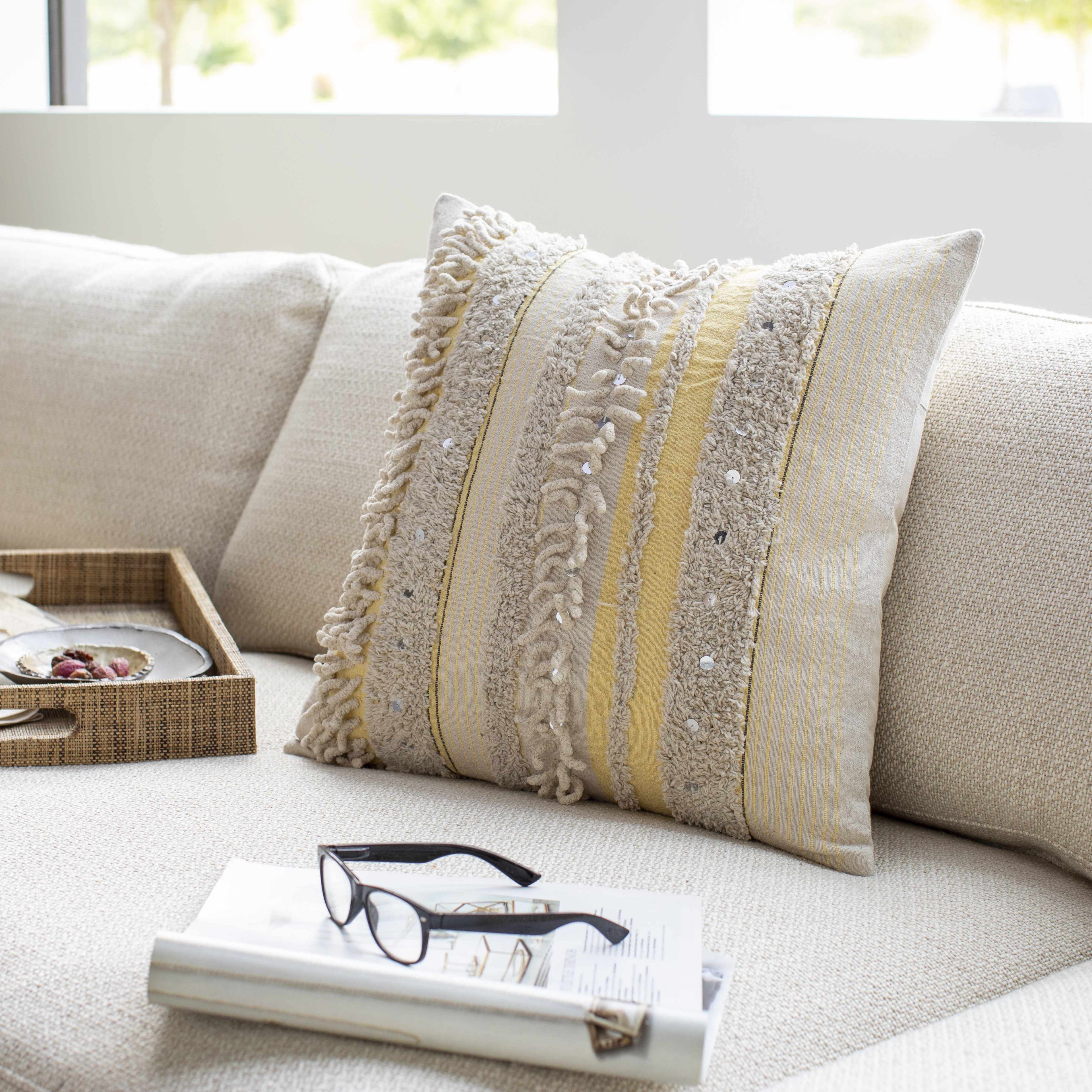 Rembrandt Yellow Textured Striped Accent Pillow-0