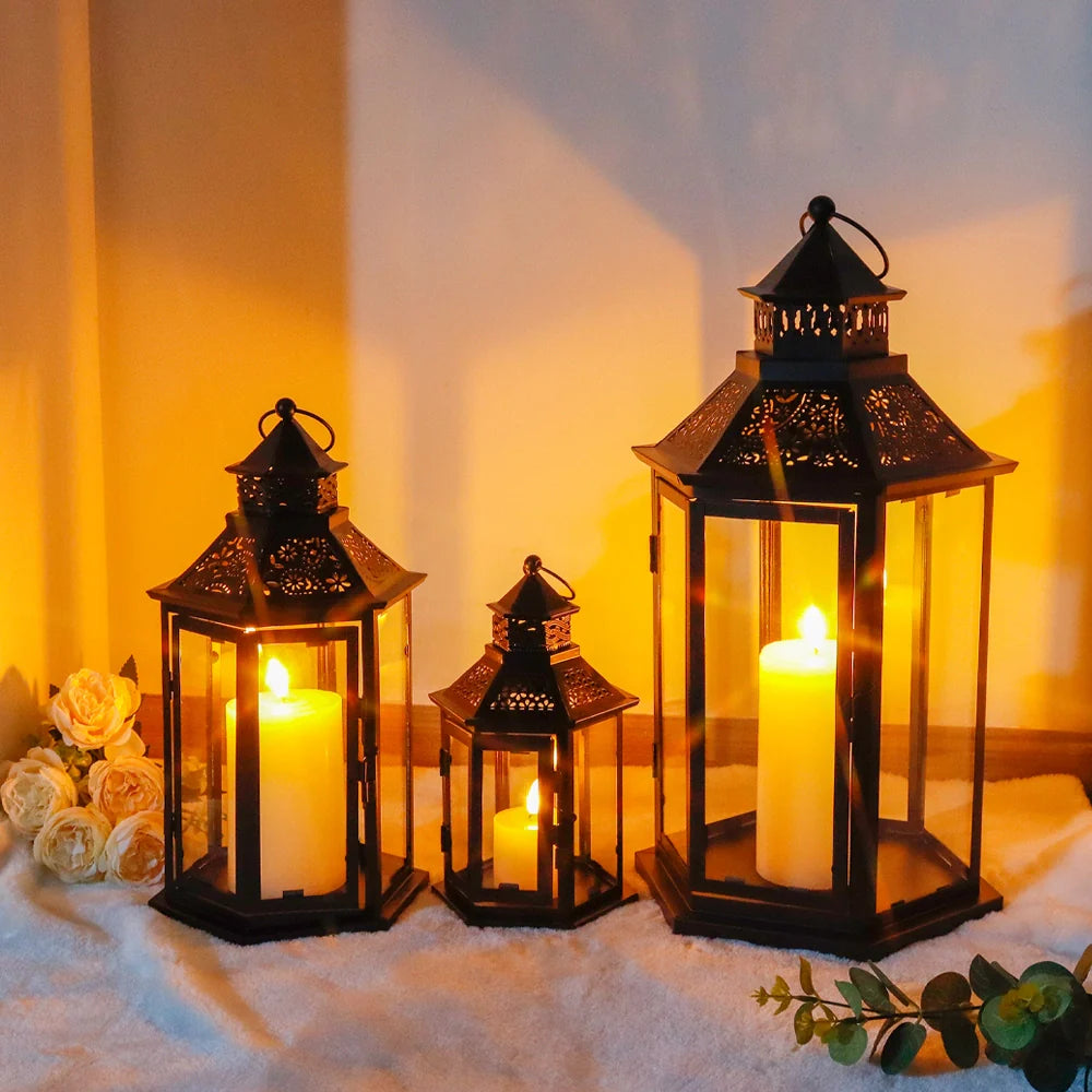 Set of 3 18''&13"&10"High Black Hexagonal Decorative Hanging Lantern-3