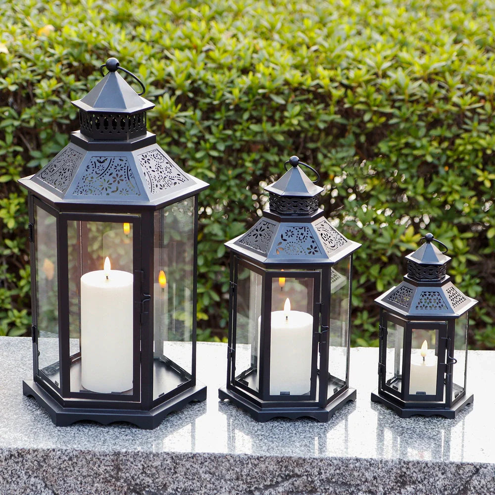 Set of 3 18''&13"&10"High Black Hexagonal Decorative Hanging Lantern-4