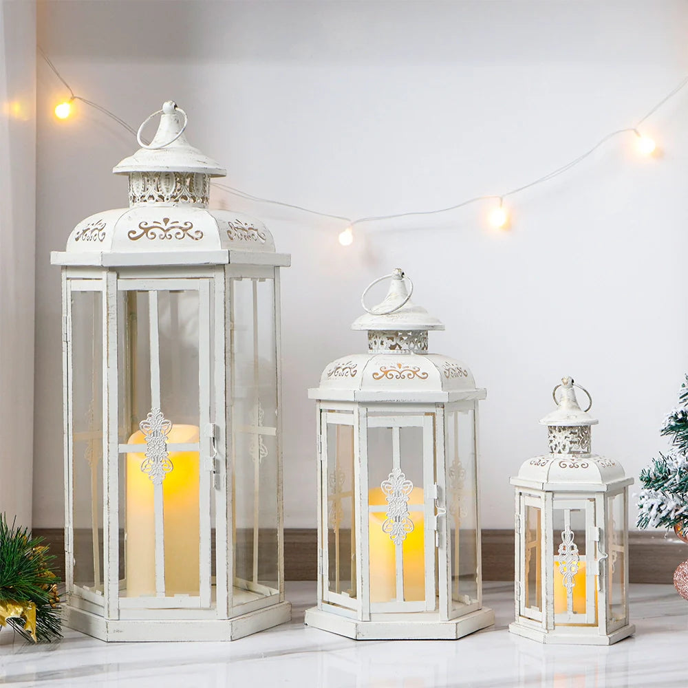 Set of 3-20''&14"&10" H Candle Lanterns (White with Gold Brush)-0