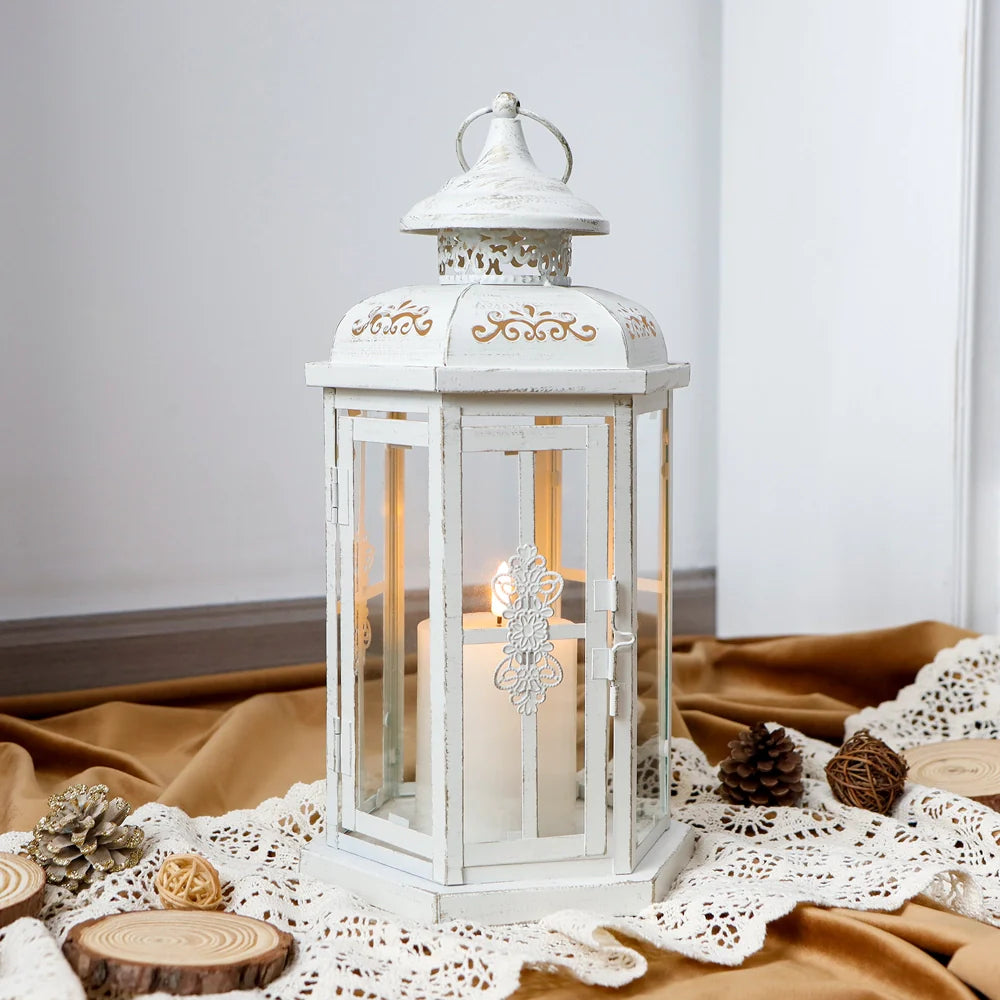 12" H Medium Candle Lantern(White with Gold Brush)-4